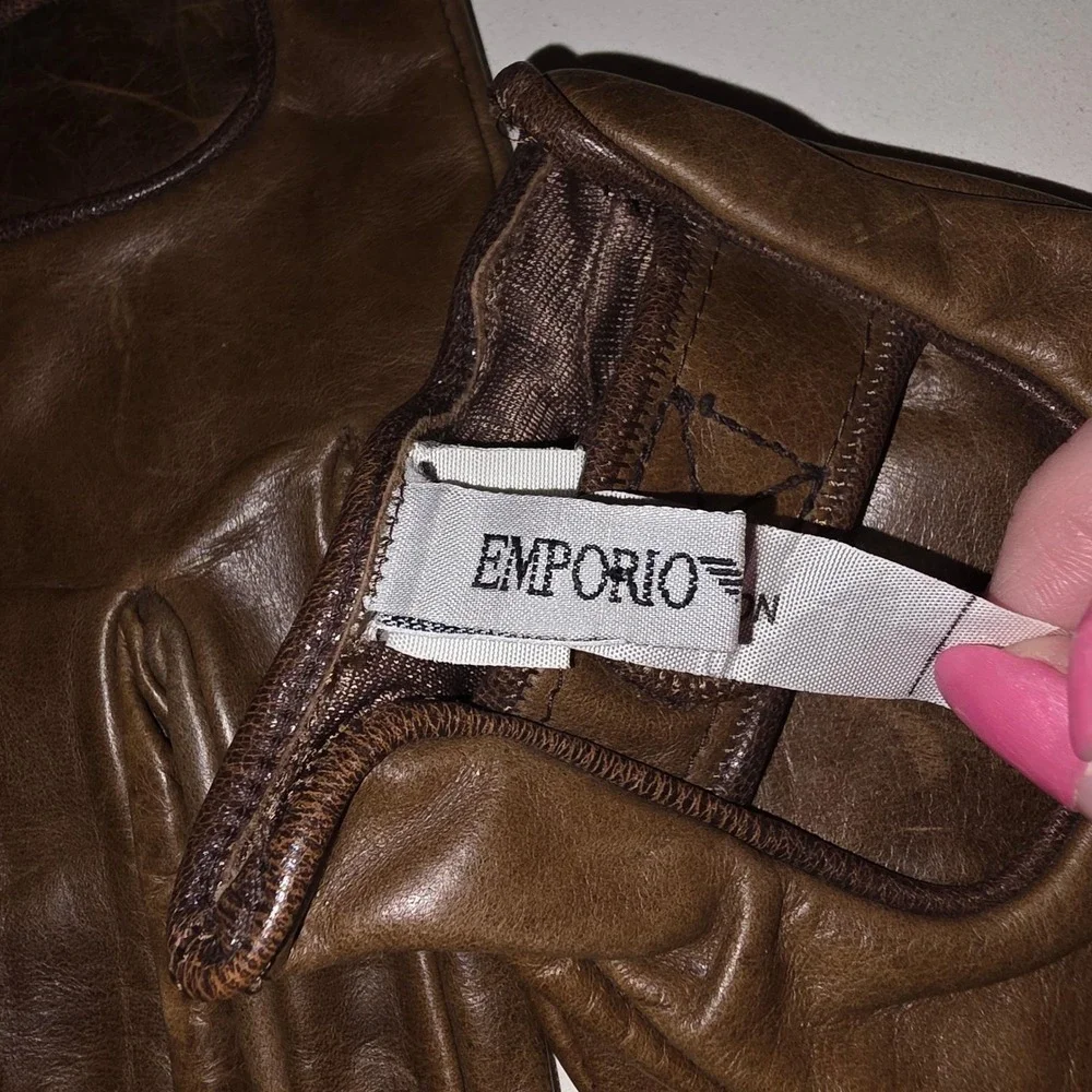 AUTHENTIC Emporio Armani Leather Gloves Amber Brown Women's Size L Lambskin Rich